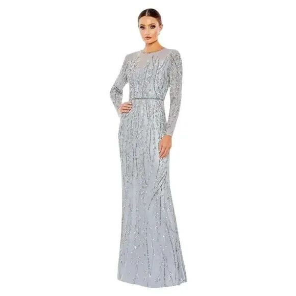 NWT Mac Duggal 5644 Embellished Illusion High‎ Neck Long Sleeve Gown Platinum 14 - Picture 1 of 8